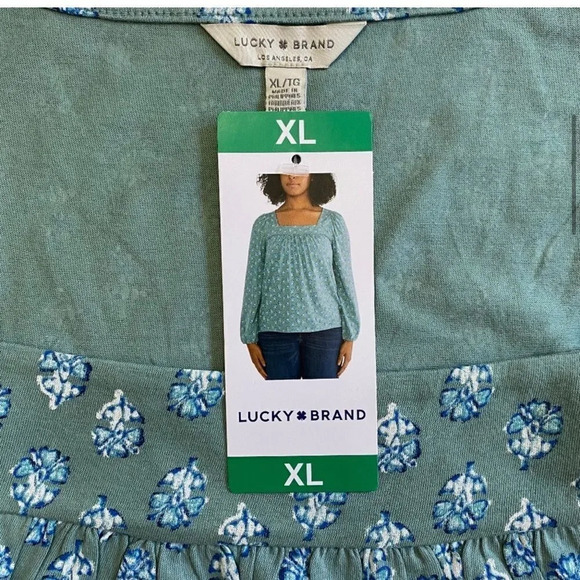 Lucky Brand Long Sleeve Top, Square Neck, Green Floral Pattern, Boho XXL - Picture 8 of 9